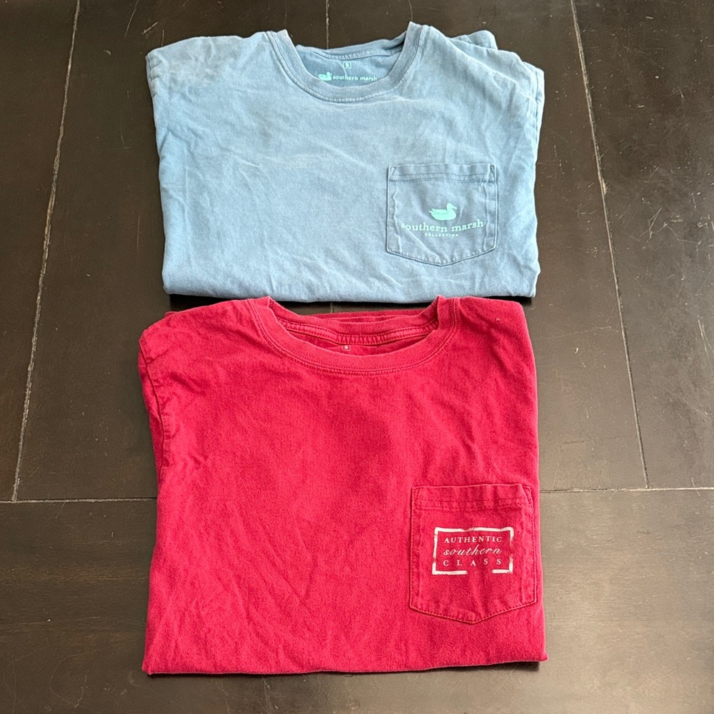 Southern Marsh Light Blue and Red Pocket Tees